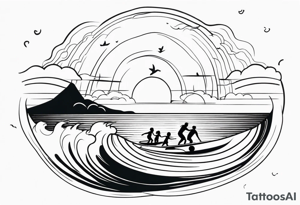 Black and white minimalist Line work tattoo depicting a father surfing with his two daughters.  The sunset and horizon have musical notes. tattoo idea