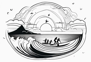 Black and white minimalist Line work tattoo depicting a father surfing with his two daughters.  The sunset and horizon have musical notes. tattoo idea