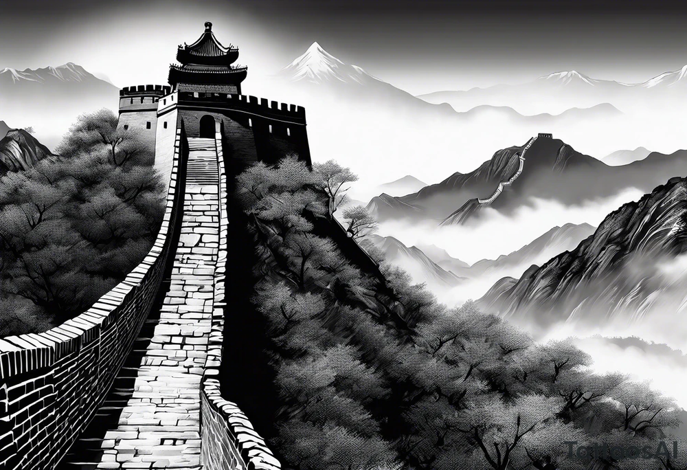 Great Chinese wall, realistic, art, gezeichnet, fine line, black and grey, man, details, clear tattoo idea