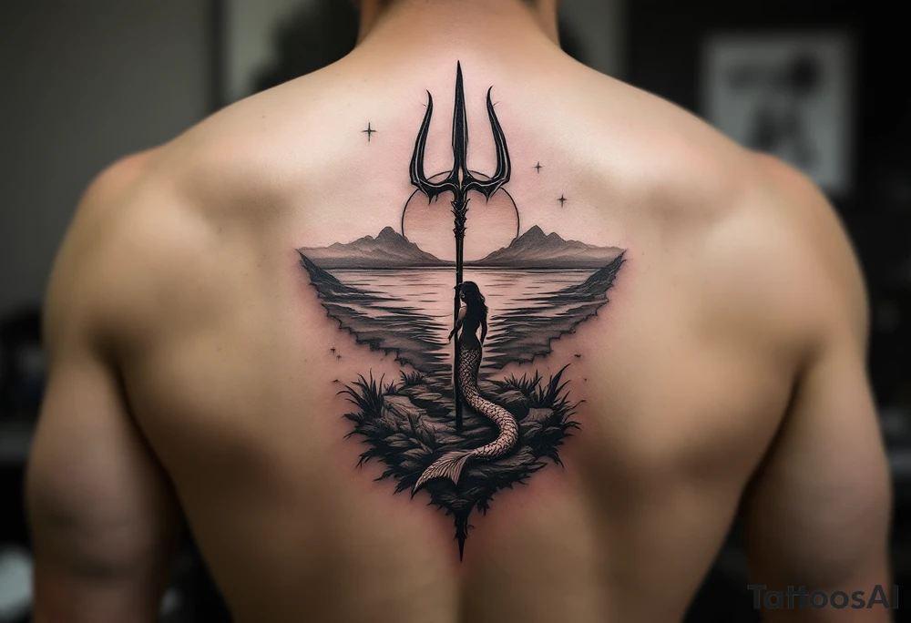 trident half way under calm water with mermaid and sunset tattoo idea