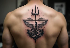 trident half way under calm water with mermaid and sunset tattoo idea