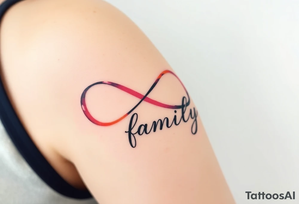 A flowing infinity symbol intertwined with the word "family" written in elegant cursive, symbolizing endless love and connection tattoo idea