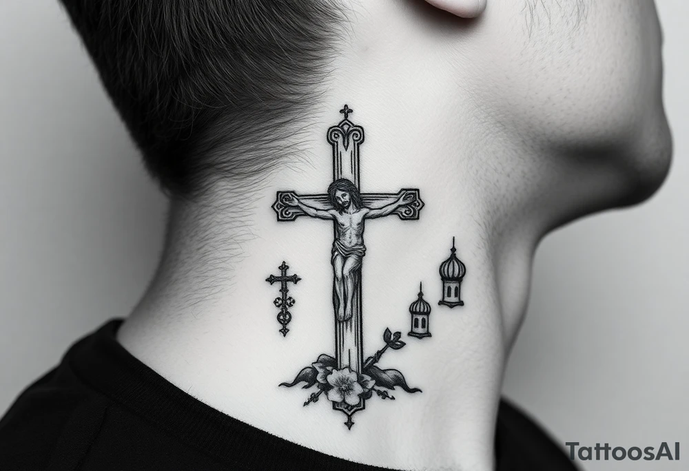 Traditional orthodox ICXC Christian cross with Jesus Christ on the cross also with the foot rest part of the cross in a Russian wilderness Kremlin setting tattoo idea
