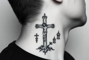 Traditional orthodox ICXC Christian cross with Jesus Christ on the cross also with the foot rest part of the cross in a Russian wilderness Kremlin setting tattoo idea