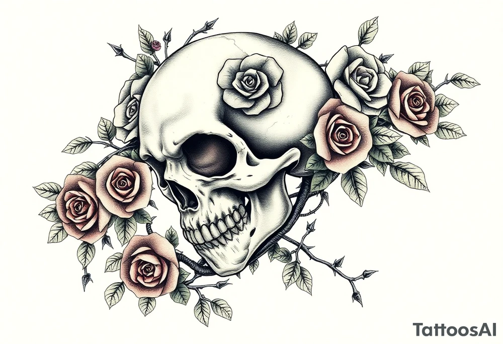 gothic skull intertwined with climbing roses and thorny vines tattoo idea