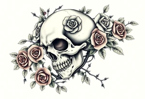 gothic skull intertwined with climbing roses and thorny vines tattoo idea
