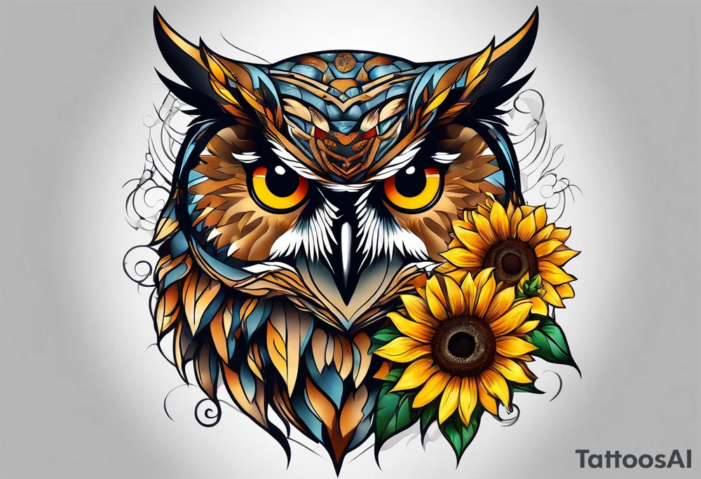 Sleeve with an owl, sunflower and butterfly tattoo idea