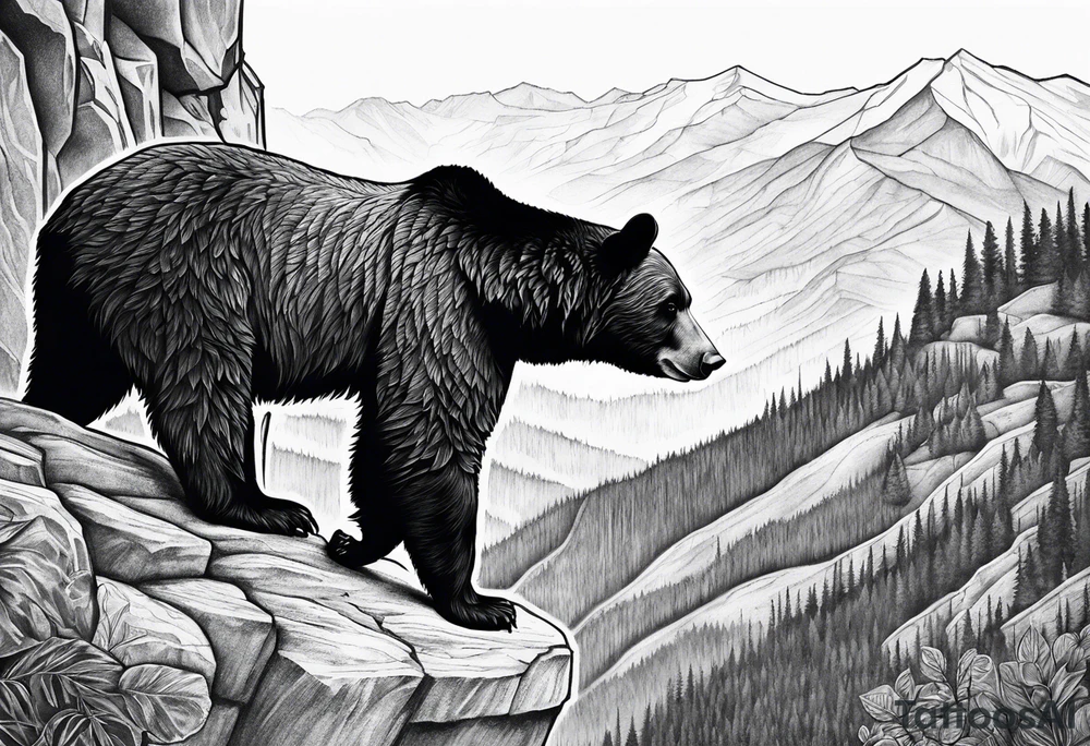 Large thigh tattoo, realism, black and white, black bear standing on a cliff with the valley as the background tattoo idea