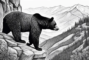 Large thigh tattoo, realism, black and white, black bear standing on a cliff with the valley as the background tattoo idea