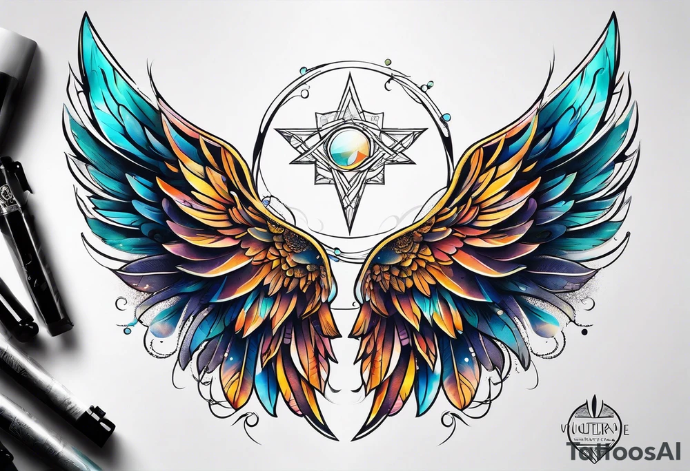 a pair of wings with a halo above them tattoo idea