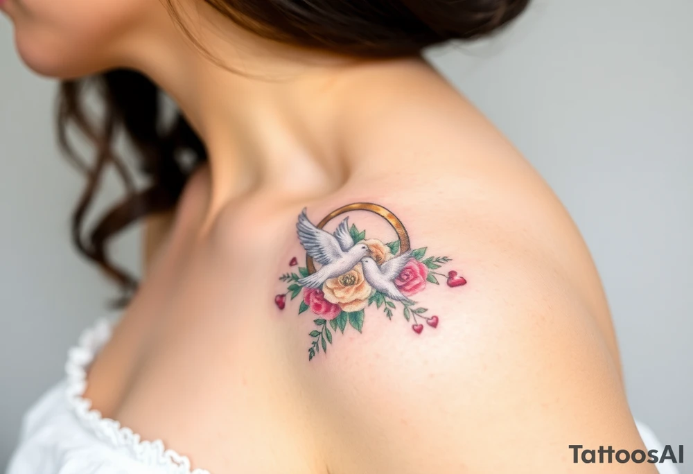 wedding ring with wedding bouquet, doves, hearts tattoo tattoo idea