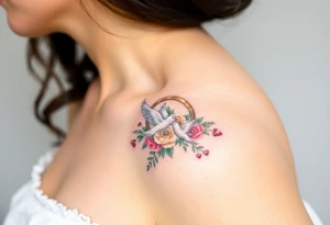 wedding ring with wedding bouquet, doves, hearts tattoo tattoo idea