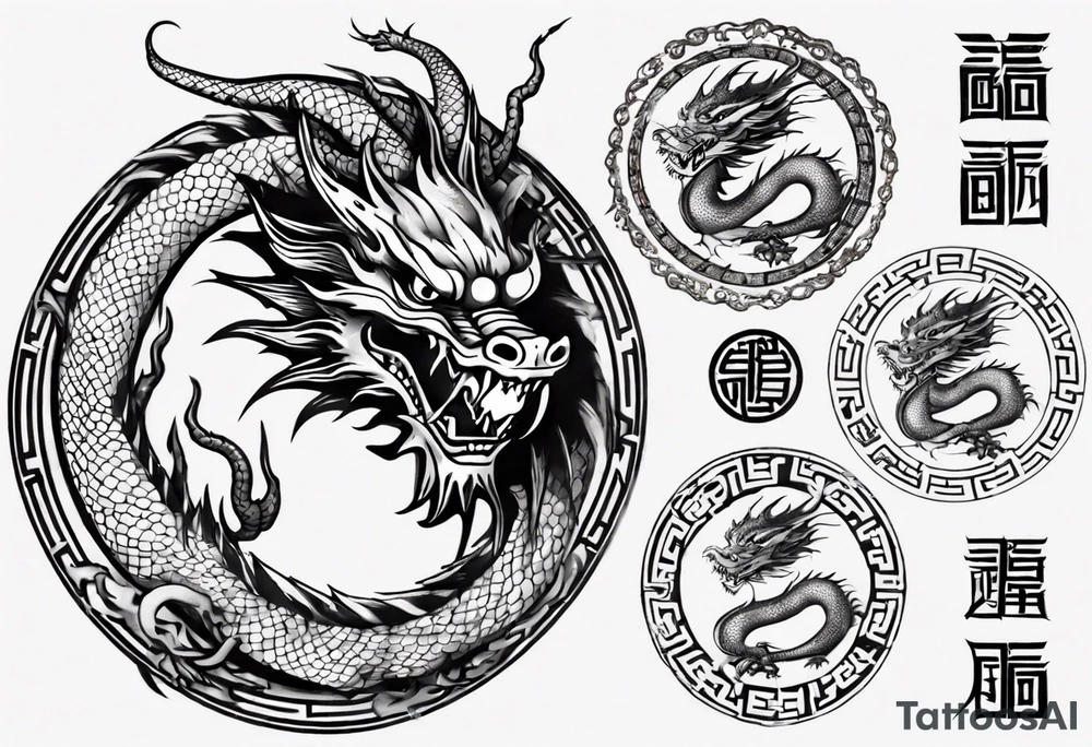 Chinese dragon in a circular shape with "02.03" written on its skin tattoo idea