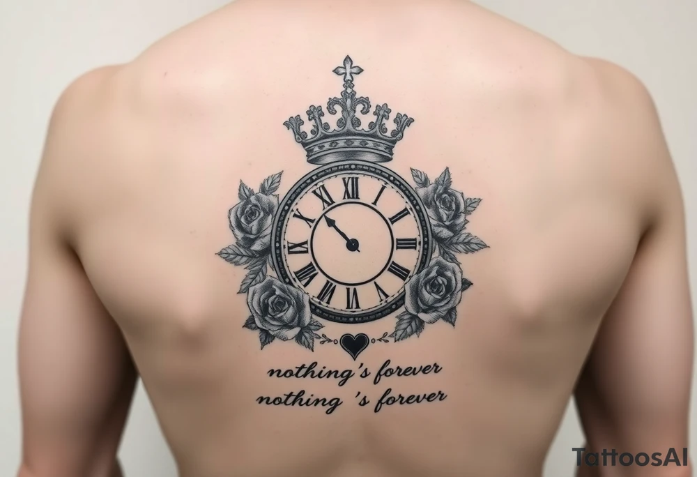 Roman clock with a crown, surrounded by 3 roses and a quote that says nothings forever tattoo idea