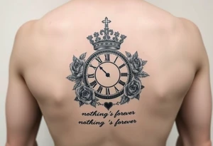 Roman clock with a crown, surrounded by 3 roses and a quote that says nothings forever tattoo idea