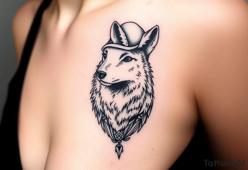 Wolf wearing a sheep like a costume with the sheep's head as a hat tattoo idea