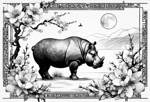 Asymmetrical, geometric, chinese ink art touch, hippo , full moon, wintersweet flower, light , modify from my favourite, s-shape tattoo idea