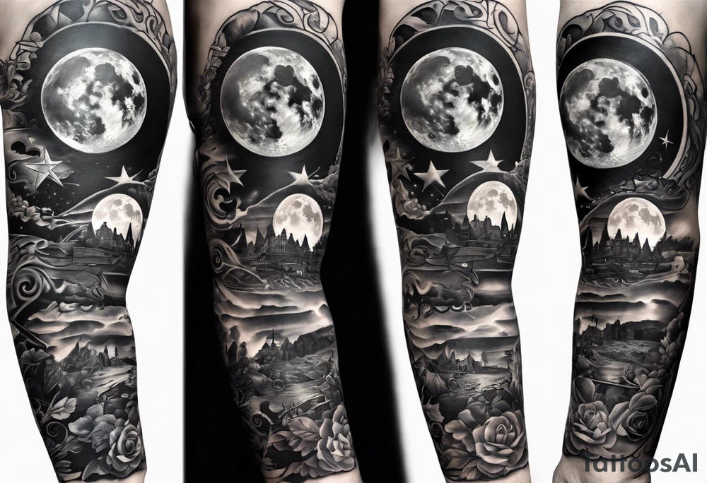 Collage for full left arm sleeve with:
2 stars, 
quarter moon, 
bass guitar, 
caduceus symbol tattoo idea