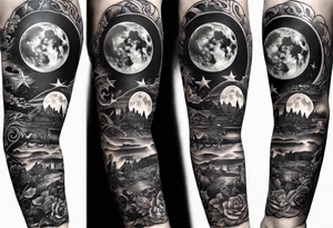 Collage for full left arm sleeve with:
2 stars, 
quarter moon, 
bass guitar, 
caduceus symbol tattoo idea
