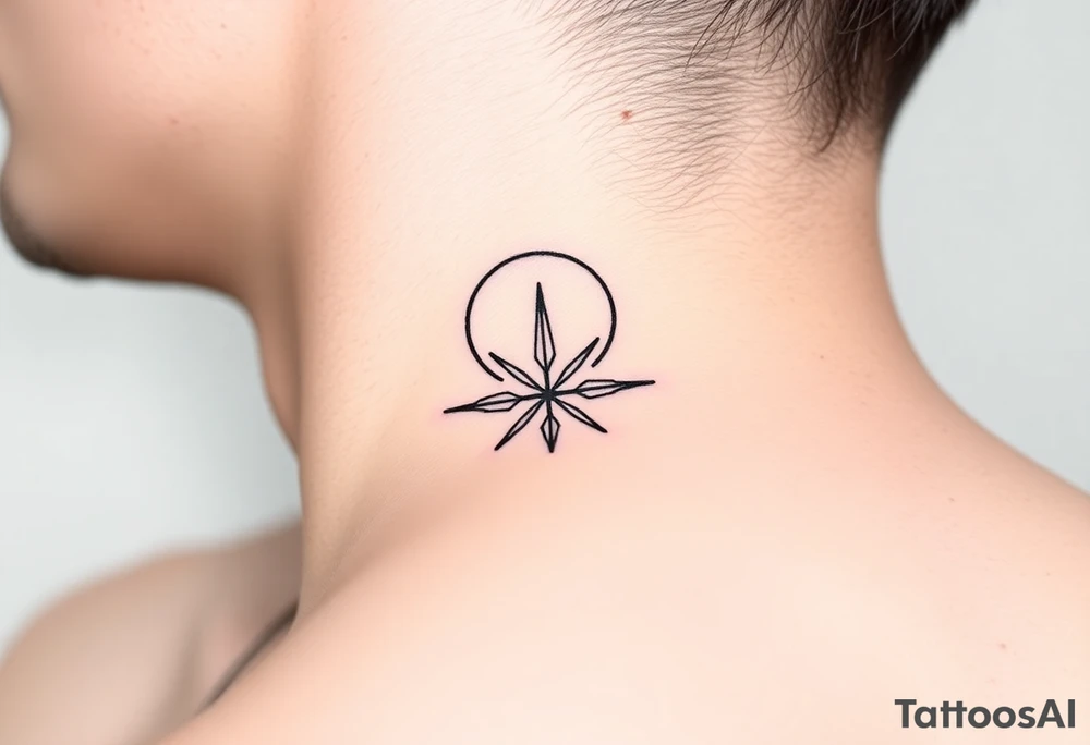 A minimalist crescent moon neck tattoo positioned just behind the ear. The crescent moon is thin and curves to the left. A sharp vertical line extends downward from the inner curve of the moon, intersecting with a symmetrical starburst shape at the center of the line. The starburst has four points — the top and bottom points are elongated, while the horizontal points are shorter, giving it a sleek and modern look. The design features clean, thin lines with a slightly hand-drawn feel, combining celestial and geometric elements. The tattoo follows the natural curve of the neck, giving it an elegant and balanced appearance. tattoo idea