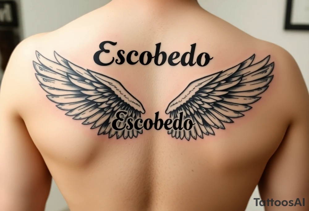 "Large, feathered wings of either an angel or falcon, designed in a strong, dynamic style. The wings should begin below the name 'Escobedo' and extend outward across the upper back, curving under the name without touching it. The feathers should be detailed, symbolizing strength and freedom." tattoo idea