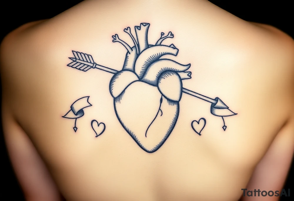 anatomical heart pierced by ornate arrow with flowing ribbons tattoo idea