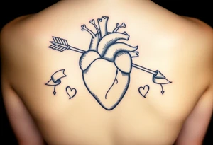 anatomical heart pierced by ornate arrow with flowing ribbons tattoo idea