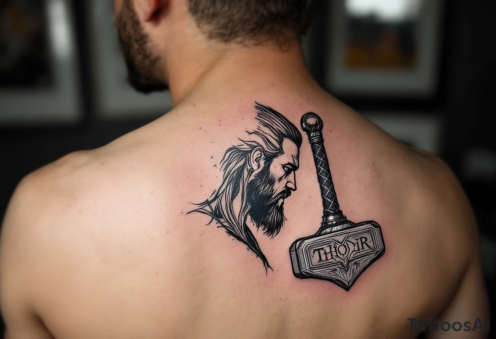 A side profile of Thor with a cracked Mjölnir hammer beside him, symbolizing his journey of loss and growth, in black and grey realism with silver detailing. tattoo idea