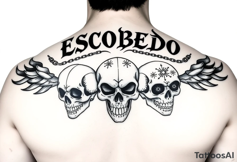 Upper back tattoo in stark emo-punk linework. ‘Escobedo’ carved bold and clean across the shoulders. Black flame arcs rise behind it like wings—sharp, negative space-driven. Between the flames, loose chains drape with motion. Three skulls: cracked on the left, snarling in the center, screaming on the right. Each skull etched with fine Aztec-inspired marks—sunbursts, dots, and sacred lines. No color. No shading. Just fire, bone, and steel inked in symmetry. tattoo idea