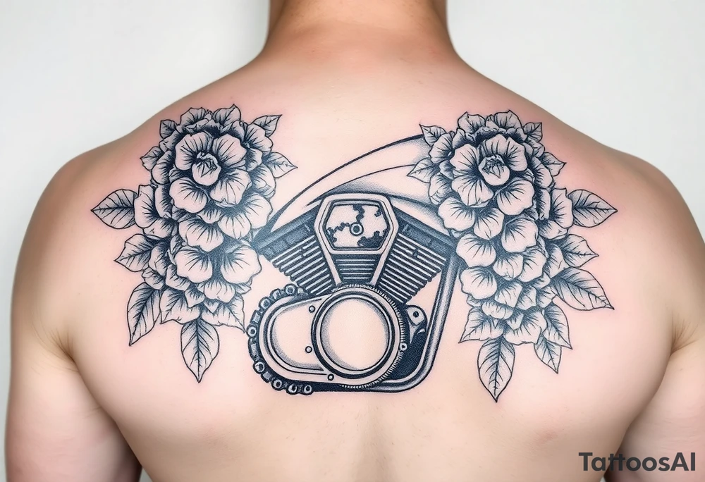 Motorcycle engine with lilacs tattoo idea