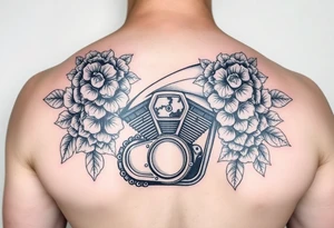 Motorcycle engine with lilacs tattoo idea