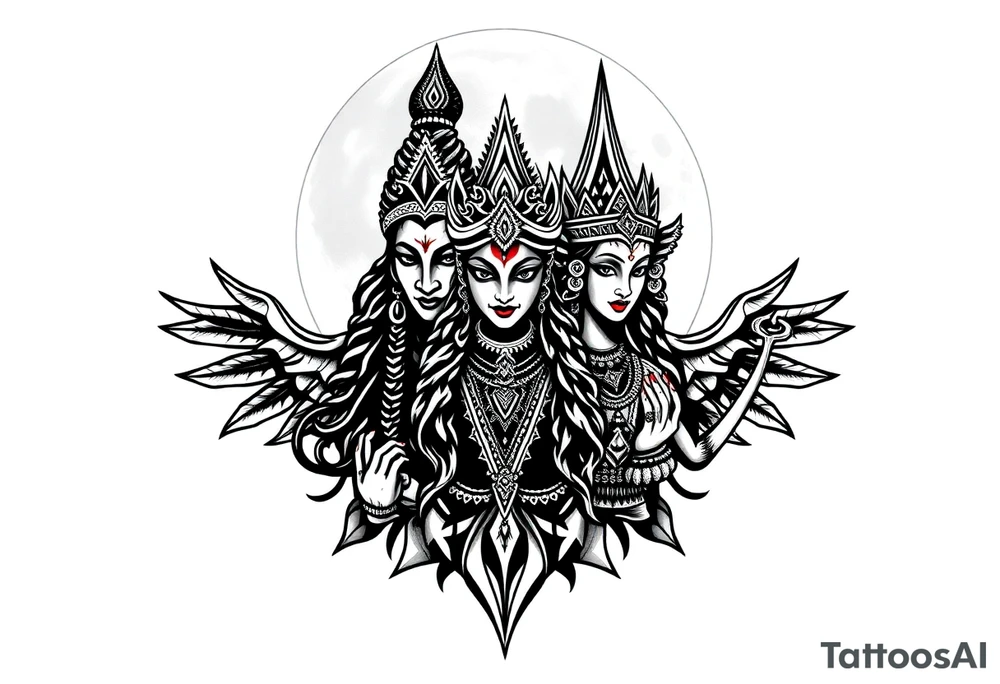 Lord Shiva, Godess Kali, Godess Lilith Together with the moon in the background tattoo idea