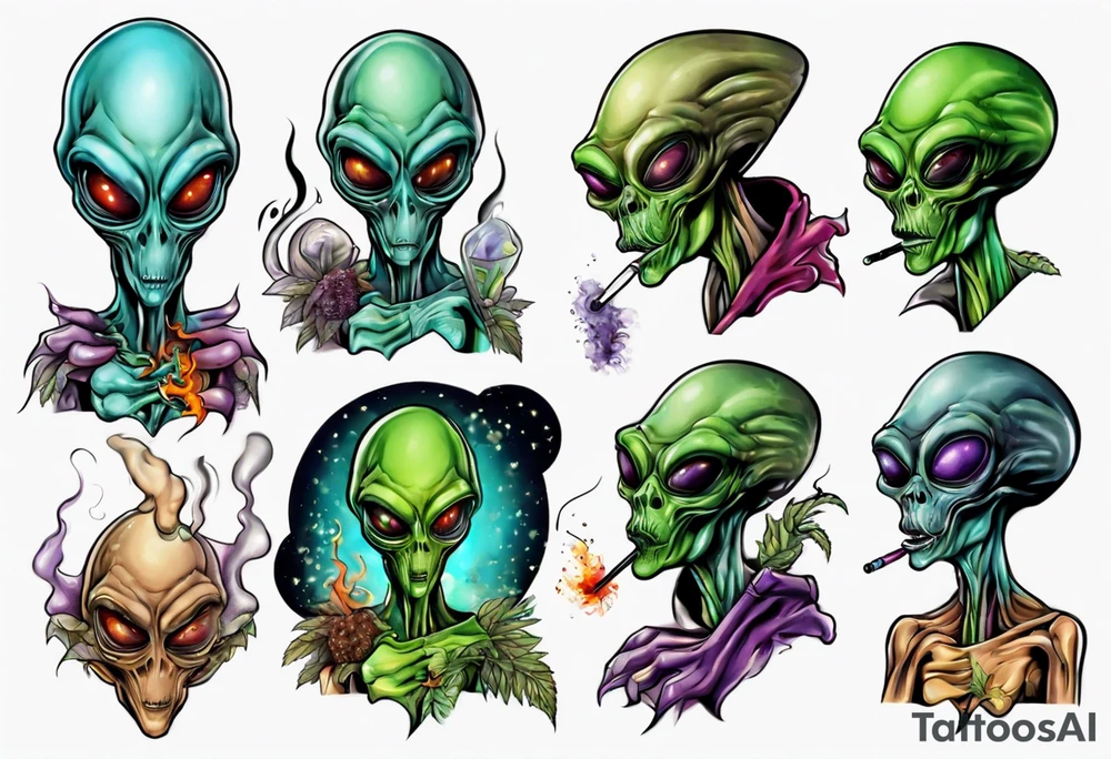 An alien  smoking a spliff tattoo idea