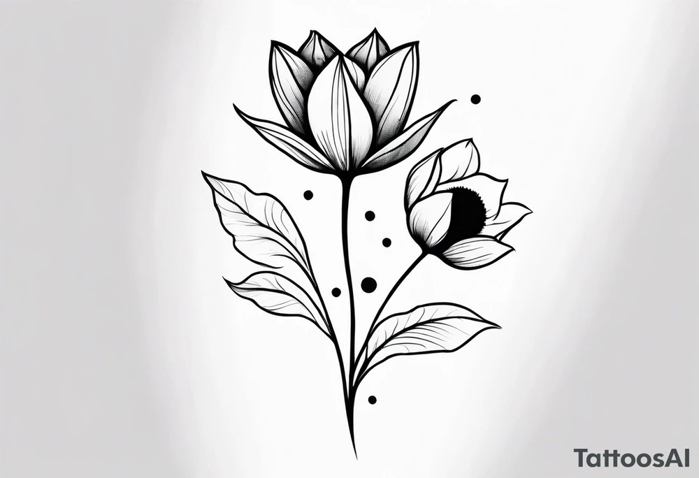 two tulips either side with a sunflower in the middle with some leaves and surrounded by some small dots tattoo idea