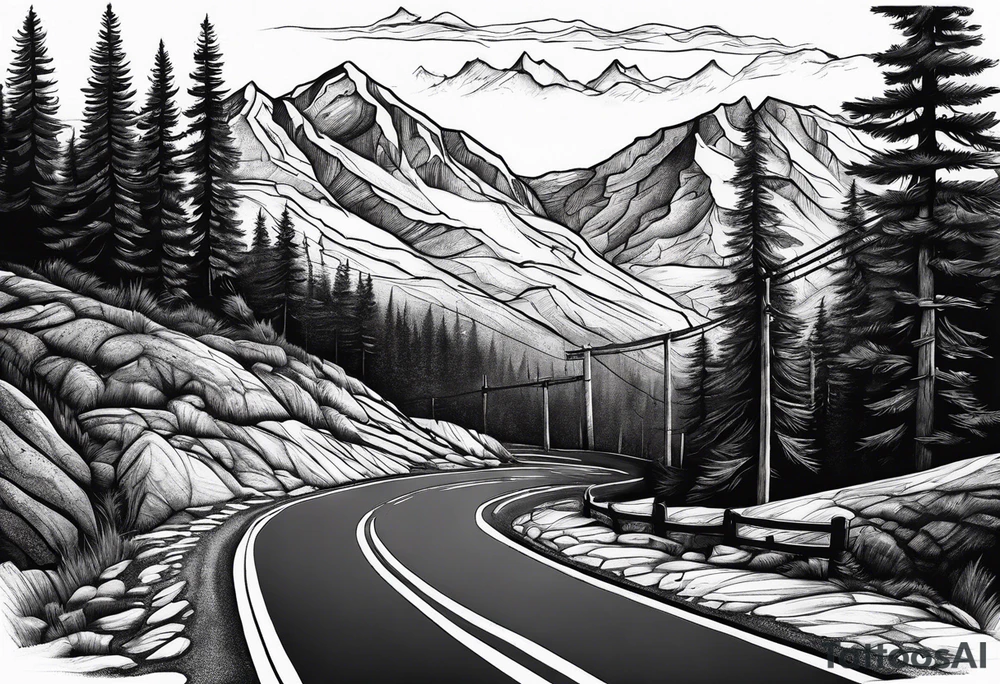 mountain road tattoo with road sign tattoo idea