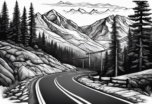 mountain road tattoo with road sign tattoo idea