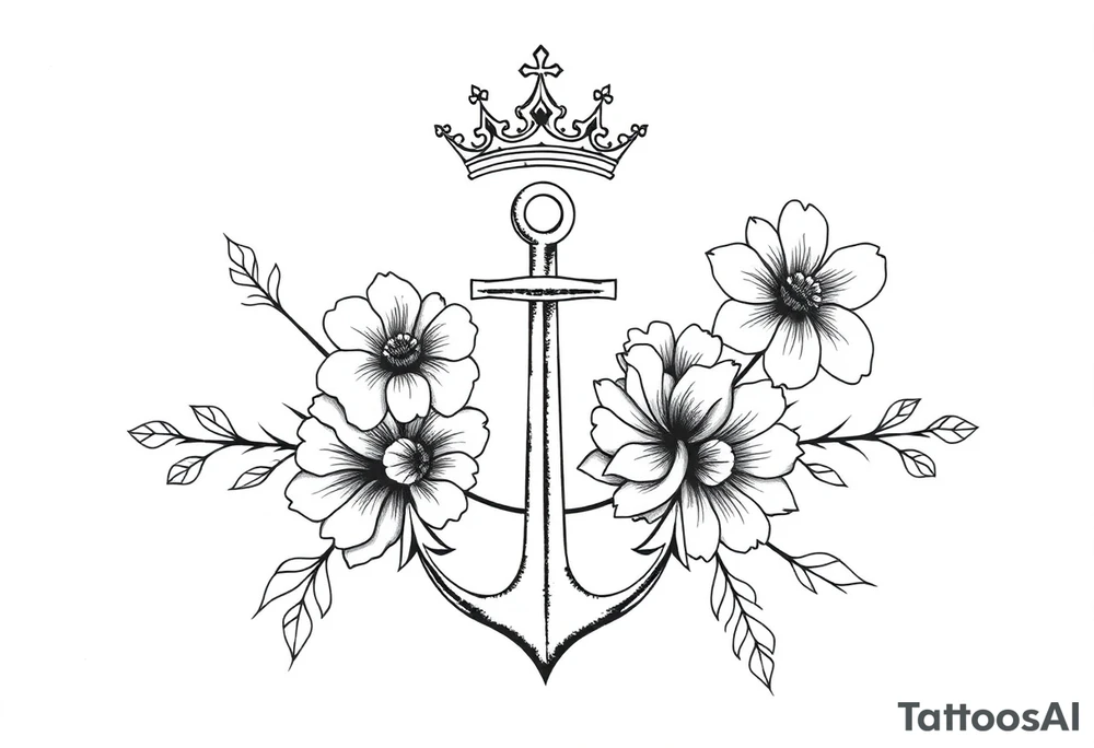detailed beautiful gothic boho flowers with gorgeous crown and anchor tattoo idea