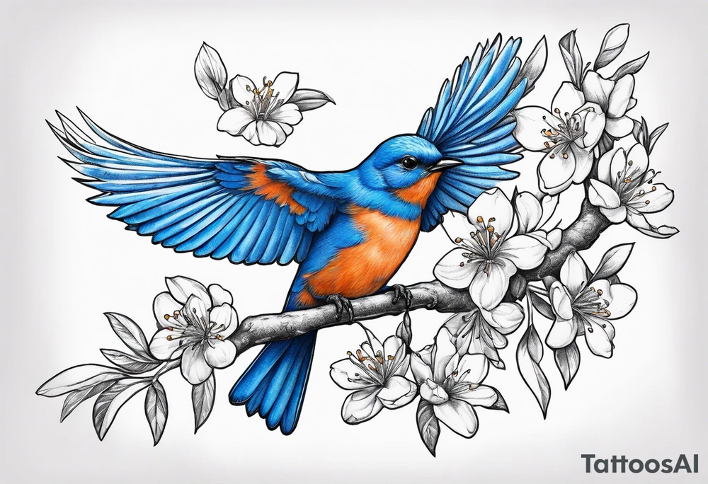 bluebird flying off of branch with orange blossoms tattoo idea