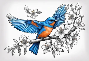 bluebird flying off of branch with orange blossoms tattoo idea