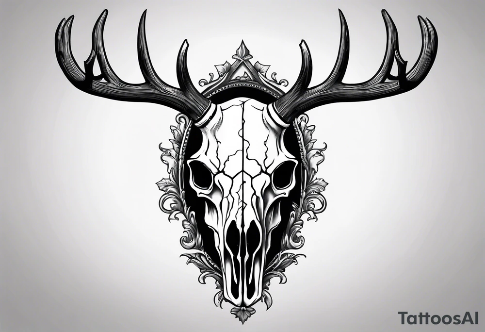 A SCARY side view of a decayed deer skull NO SKIN JUST BONE surrounded by a forest fire in background tattoo idea