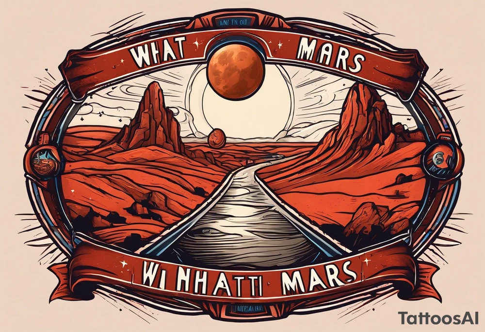 the planet mars with two stick figures holding hands on top of it, with the words "what's another night on mars, with friends like ours?" in a banner across tattoo idea