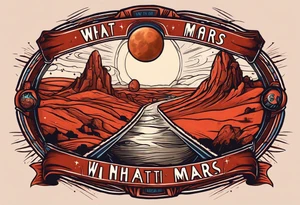 the planet mars with two stick figures holding hands on top of it, with the words "what's another night on mars, with friends like ours?" in a banner across tattoo idea