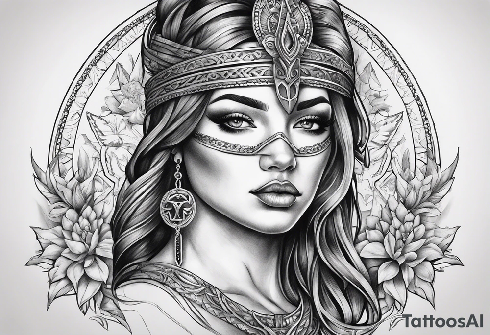 Blind folded goddess with libra and dagger tattoo idea
