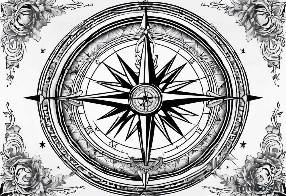 Compass rose with Europe in the background, anchor and space for a geo tag tattoo idea