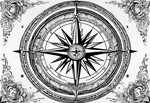 Compass rose with Europe in the background, anchor and space for a geo tag tattoo idea