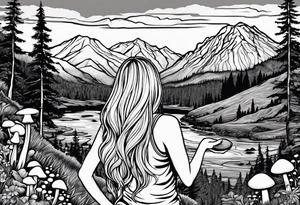 Straight long blonde hair hippie girl in distance holding mushrooms in hand facing away toward mountains and creek surrounded by mushrooms tee shirt hiking pants

Circular picture tattoo idea