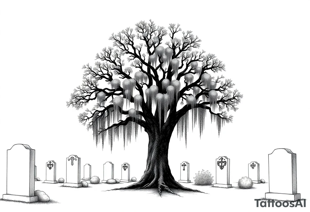 Laurel oak with Spanish moss in a cemetery tattoo idea