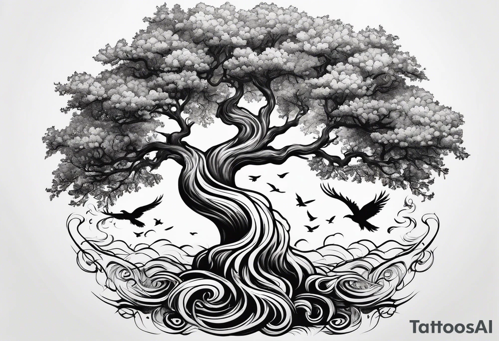 oak tree with phoenix and roots and waves and three birds tattoo idea