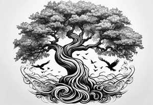 oak tree with phoenix and roots and waves and three birds tattoo idea