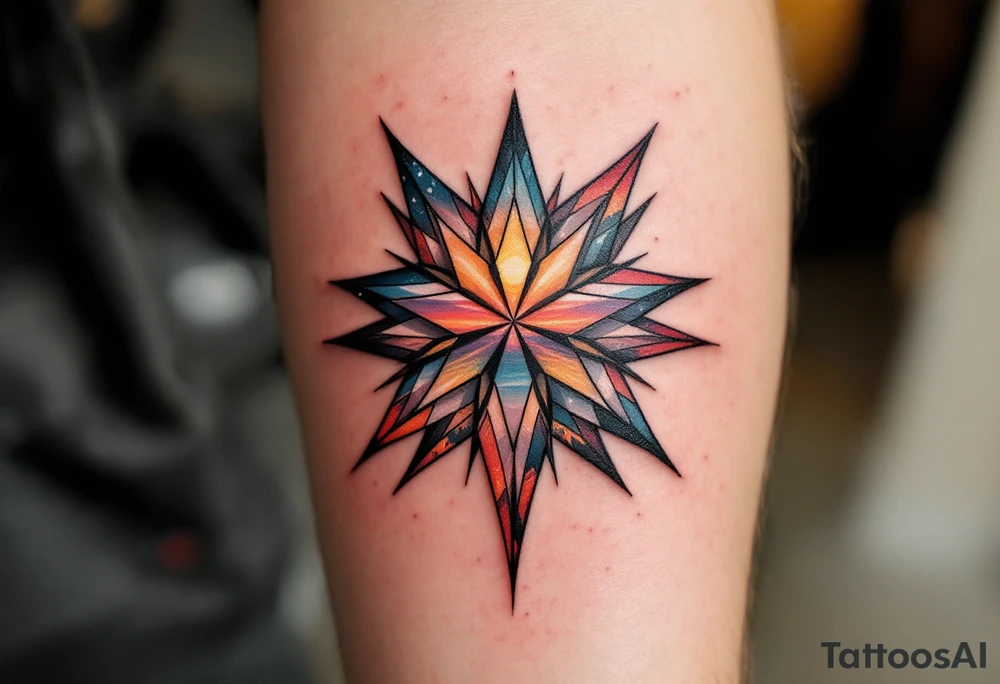 A gradient sunset-colored eight-pointed star tattoo blends warmth, energy, and vitality. tattoo idea